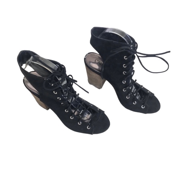 Carlos Santana Jolene Lace-Up Stacked Heel Black Size 8 Peep Toe Suede Fabric - Picture 3 of 7